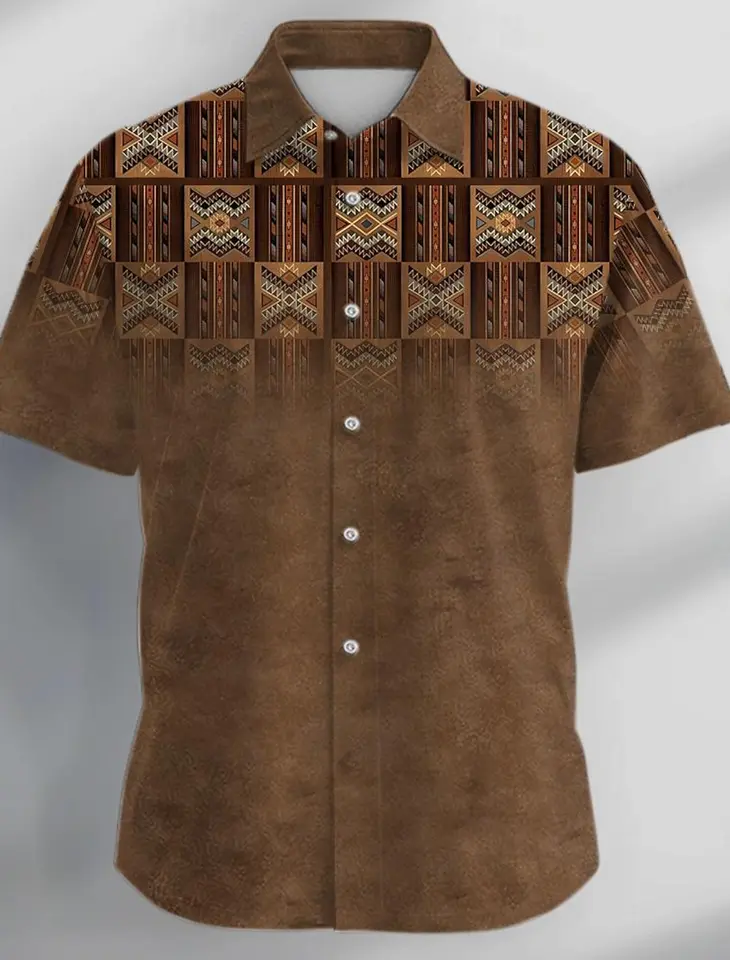 Etnické vintage ležérne pánske tričko gombíky UP Party večer Denná dovolenka letné odbočenie s krátkym rukávom Brown Polyester košeľa