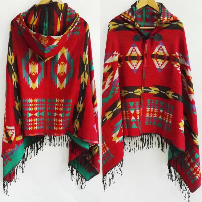 Etnický multifunkčný český šál šál kmeňové fringe kapucňy sako s pruhovanými kardiganmi prikrývky Cape šatky