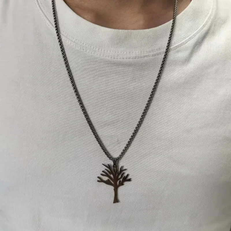 Etnický štýl strieborná biela farba z nehrdzavejúcej ocele pobočka životný strom náhrdelník unisex festival šperky náhrdelník