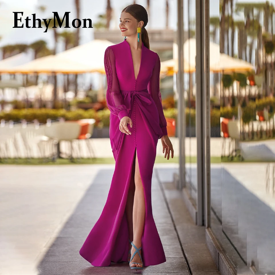 Etymon Atraktívne Vysoké šaty V Svadobné šaty Ženy Slit Zipper Belt trúbka s dlhými rukávmi Pleat rúž de soiree femme prispôsobené