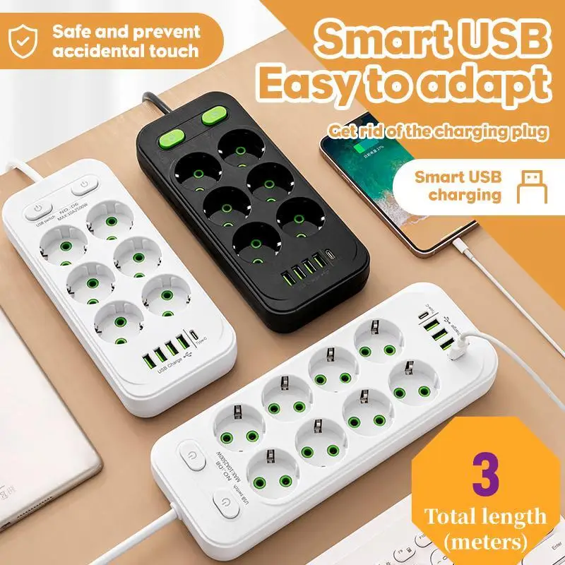 EU zástrčka napájací pás 6 AC Outlet Multitap Extension s 5 USB portmi 3M káblová elektrická zásuvka 2500W