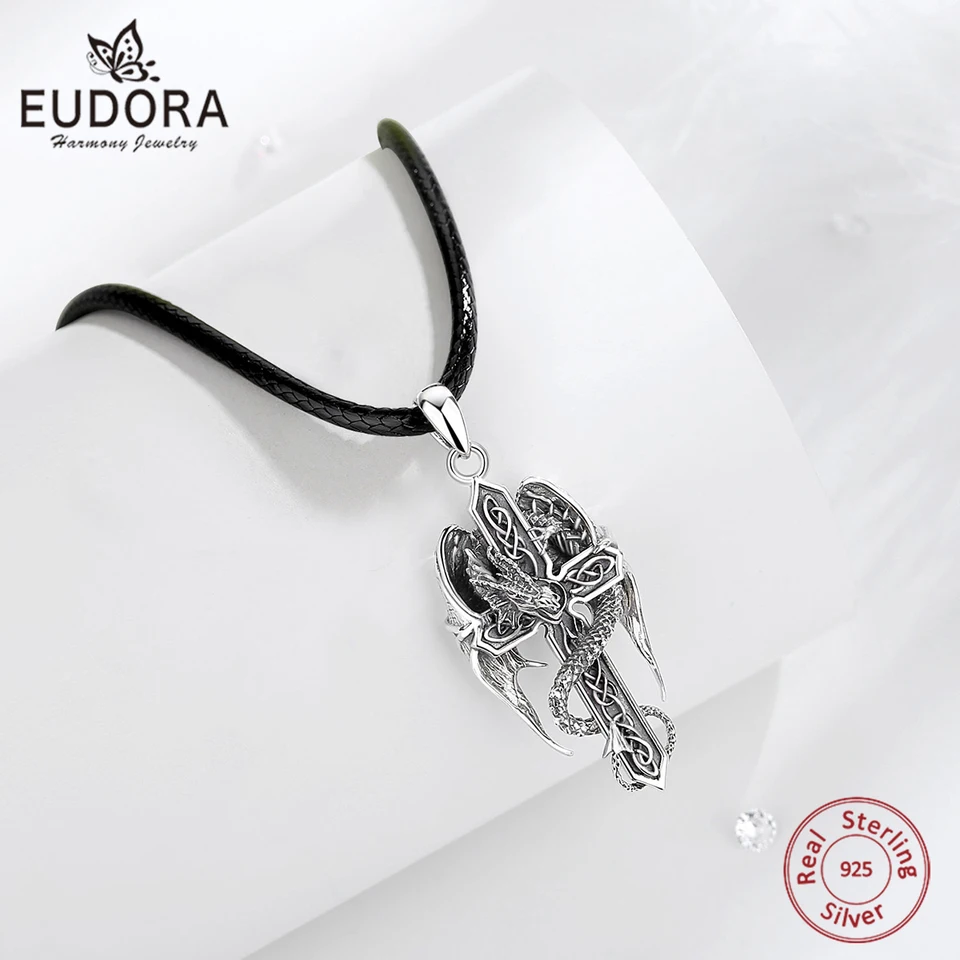 Eudora 925 Sterling Silve čarodejnícke uzol Krížový náhrdelník pre ženy Muž Gothic Skull Drag Drak prívesok jemný Halloween šperky darček