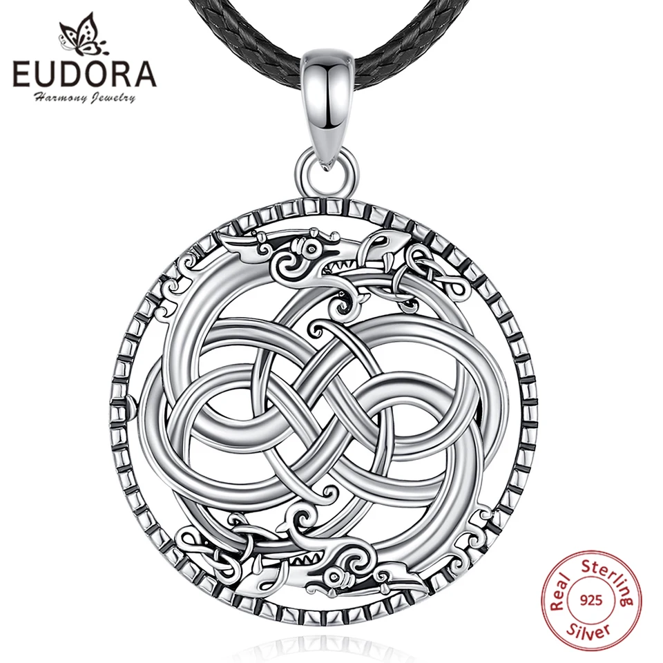 Eudora 925 Sterling Silver Dragon Viking Náhrdelník pre ženy Man Vintage čarodejnica keltský uzol Amulet Amulet prívesok osobnosť gif šperky
