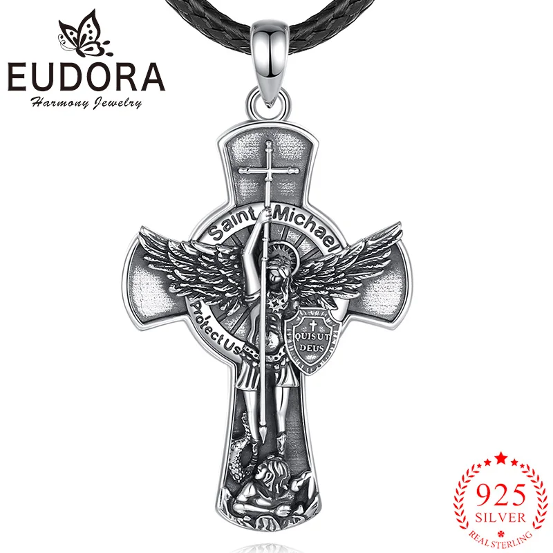 Eudora 925 Sterling Silver St. Michael Archangel Náhrdelník kríž kresťanský prívesok Amulet Men vintage osobnostné šperky
