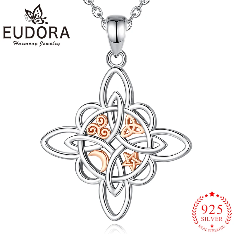 Eudora 925 Sterling strieborný čarodejnícky náhrdelník čarodejnícky keltský uzol hviezda Mesiac Geometrický prívesok Men Dám