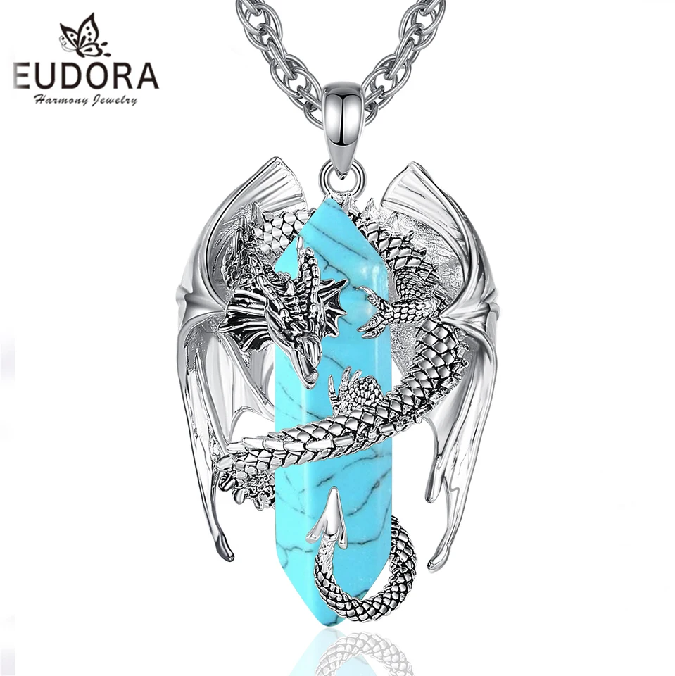Eudora Dragon Twining Hexagonal tyrkysový hranolový náhrdelník punk liečivý kameň krištáľový prívesok tyrkysový šperk darček pre človeka