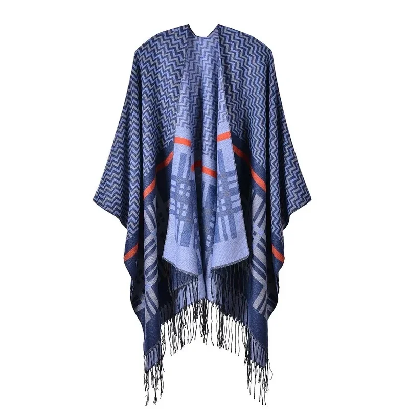Európska americká ulica Dámsky krížový krížový geometrický tvar klasický kašmíru šál zväčšený Zhrubnutý plášť Ponchos modrá