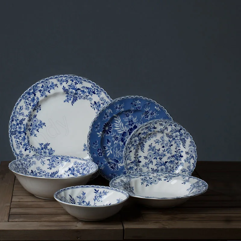 Európska keramická tanier sada modrá a biela porcelánová dekoratívne raňajkové taniere retro ručne maľované reštaurácie Steak Dish