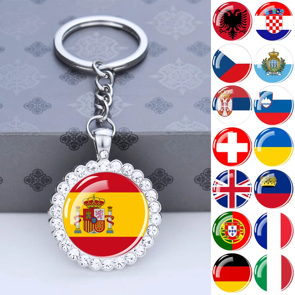Európska národná vlajka Keychains Glass Dome Dome Sminestone prívesky Kľúčové reťazce Albánsko Španielsko Ukrajina Rusko Francúzsko Francúzsko nemecko Kláves
