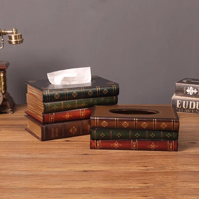 Európska retro kniha Tissue Box, Domáca obývacia izba dekorácia dekorácie v obrúsku, simulovaná falošná kniha Drevené ozdoby