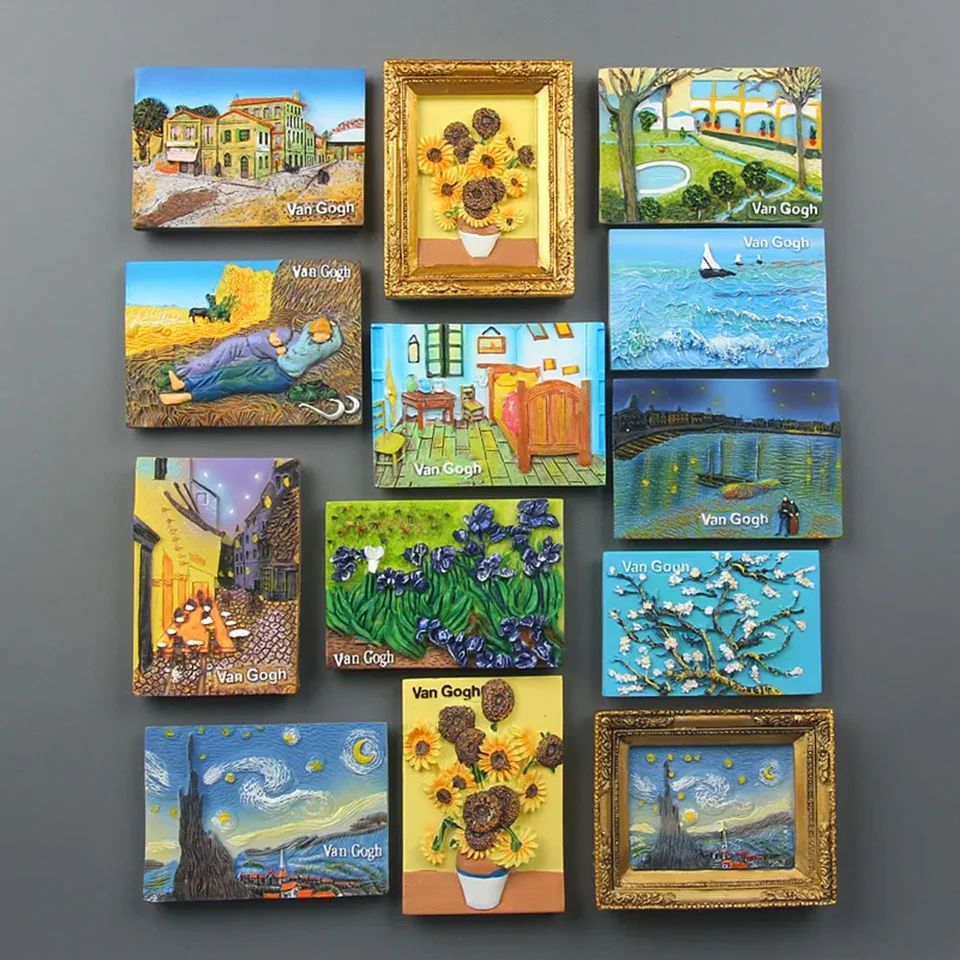 Európska tvorivá svetovo preslávená maľba Mona Lisa Sunflower Starry Van Gogh Series Resin Home Decor Fridge Magnet Chladnička