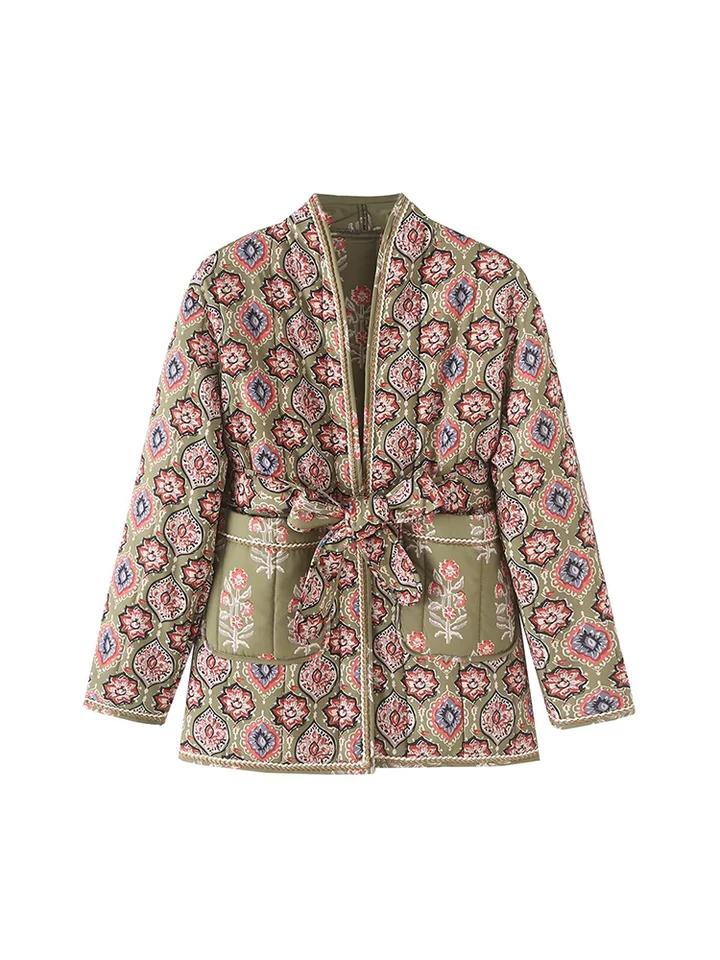 Európske a americké ženské etnické štýly Retro retro malé kvetinové tlač Dvojité vrecko s pásom Slim Cotton Coat