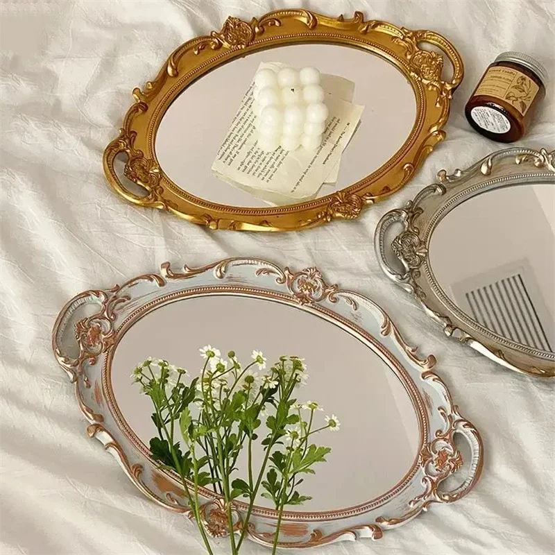 Európske dekoratívne taniere skladovacia zásobník prenosný oválny tanier šperky Displej dekorácie Candy Tray Vintage make -up zrkadlo