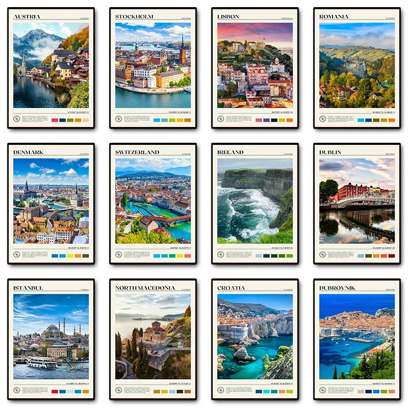 Európske mestské cestovné plagát Galway North Macedónsko Štokholm Island Canvas maľba bruselský nástenný umelecký obrázok Office Domovod