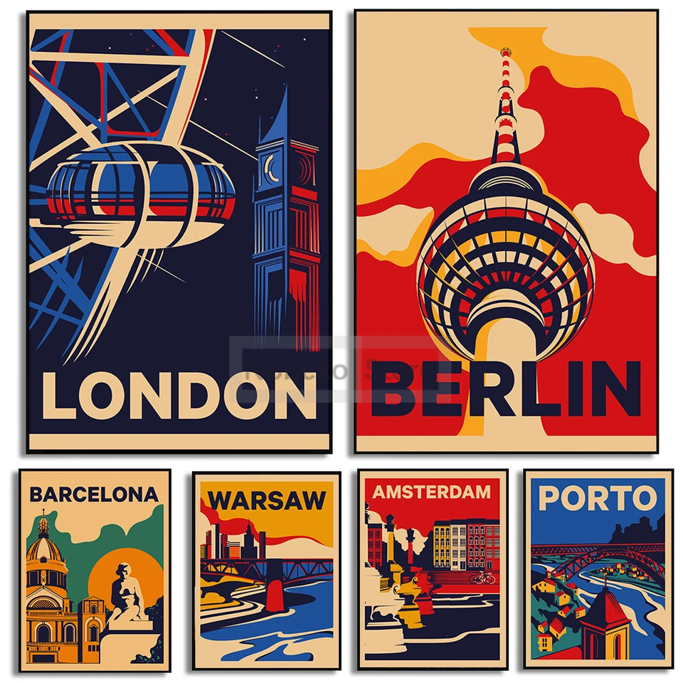 Európsky cestovný plagát Londýn Berlín Amsterdam Porto Barcelona plagát výtlačky plátno maľba nástenné umelecké obrázky Domáce izba dekor