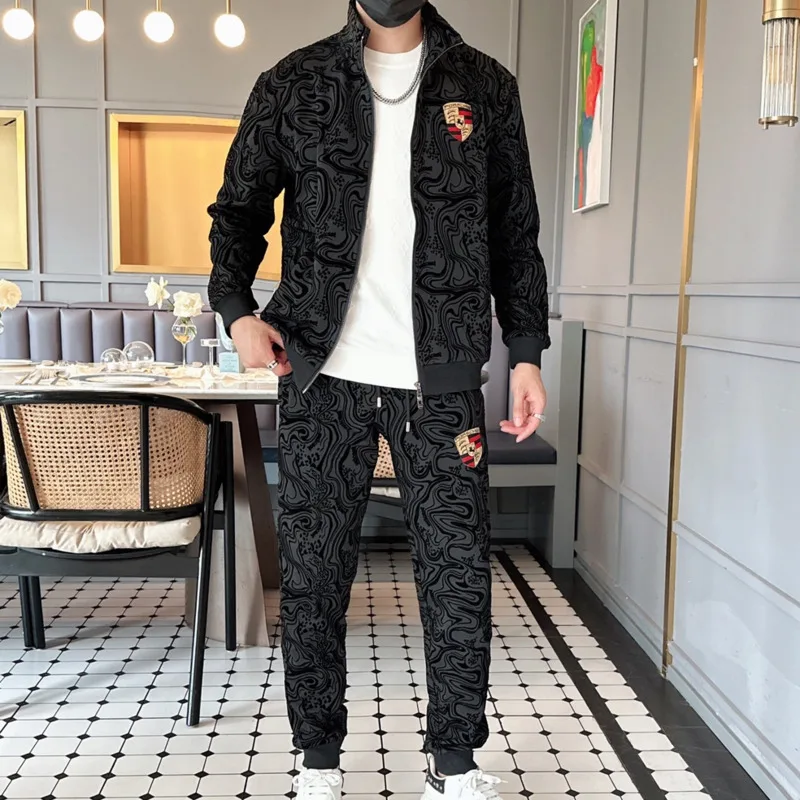 Európsky luxusný jacquard Flocking Tracksuit Men Spring Autumn 2 ks Suit Paisley Designer Black Sportwear Ropa Deportiva Hombre