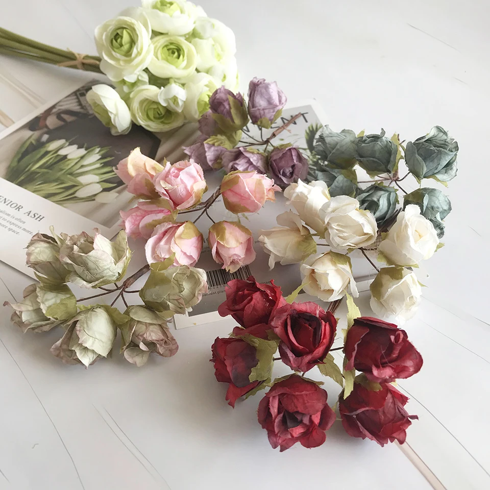 Európsky retro Rayon Tea Rose Bud Pud kytica Svadobný dom retro falošné kvetinové večierky DIY Dekorácia fialové umelé kvety