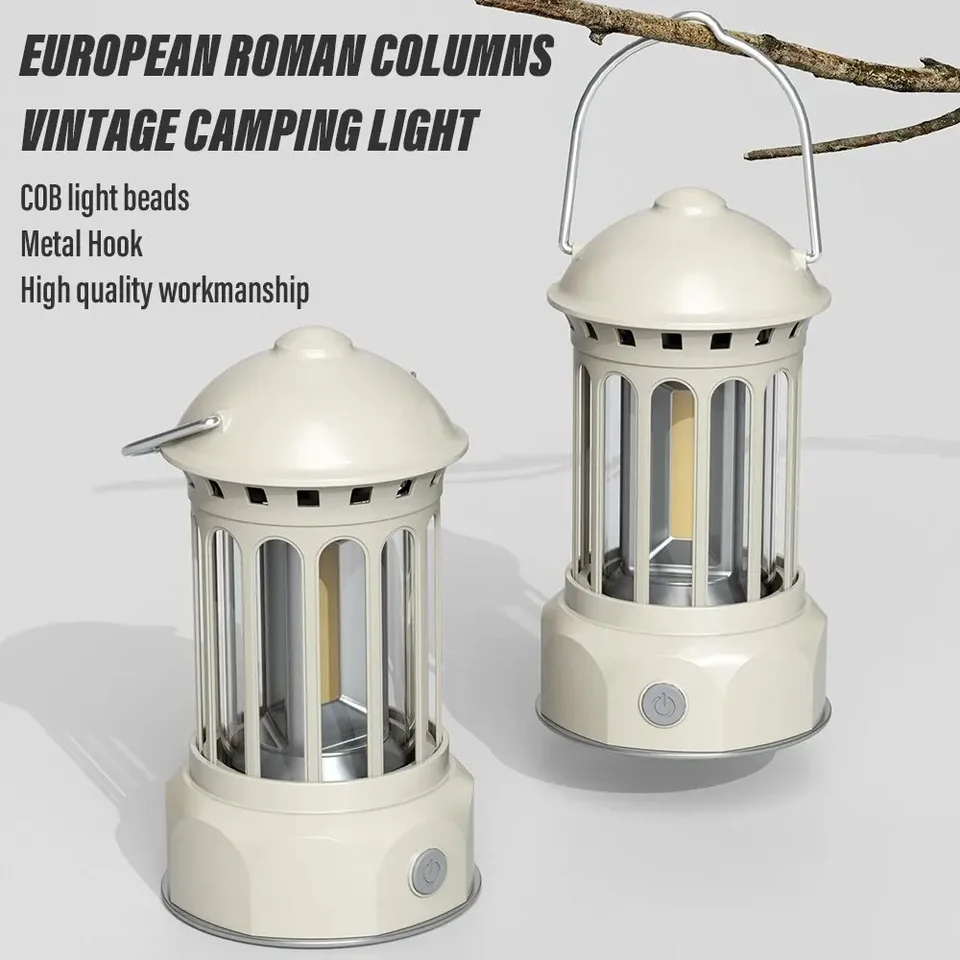 Európsky rímsky stĺp vintage kemping lampa nabíjateľnú lampu s háčikom teplé biele svetlo na kemping, objavovanie