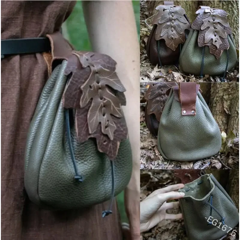 Európsky stredoveký pásový pás Bag s kožou List LEAF BAG BAG pre ženy PIXIE ELF Viking Vintage vreckové vrecká kostýmy Príslušenstvo