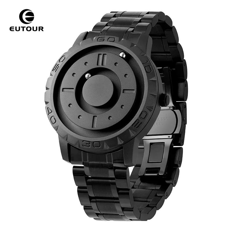 Eutour hodinky Mužské magnetické hodinky Quartz vodotesná kožená oceľ z nehrdzavejúcej ocele Hodinky Black Dial Dial Fashion Sports