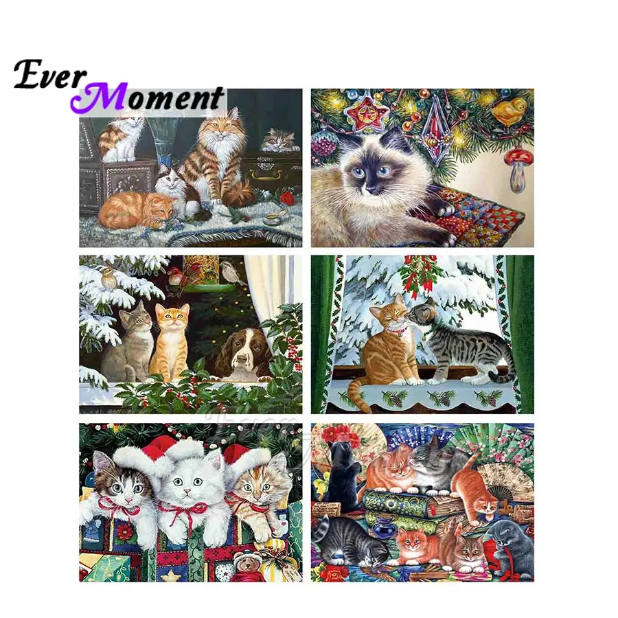 Ever Moment Diamond Painting vianočná mačka darčeková miestnosť Plné štvorcové okrúhle kamene roztomilé umelecké zbierky úložné remeslá DIY 5D ASF2324