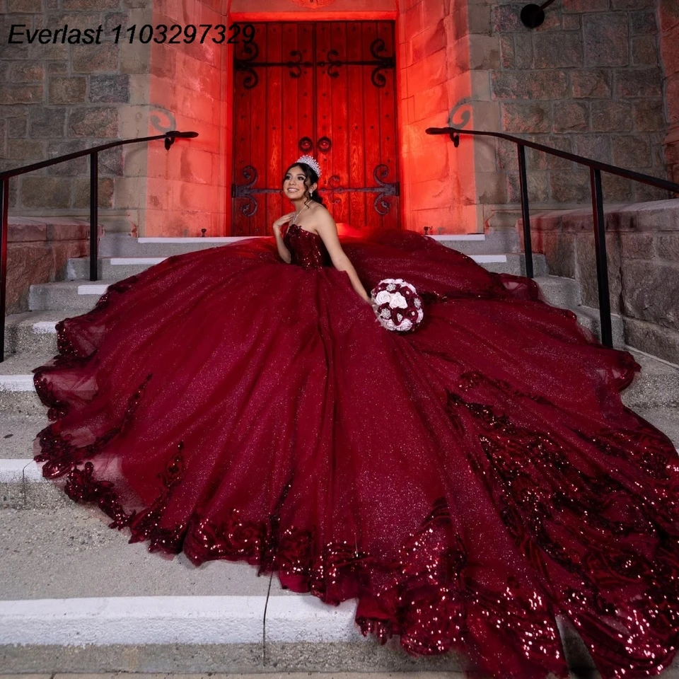Evlast prispôsobený burgundsky quinceanera šaty guľôčkové šaty lesklé čipkové aplikácie korálky korzet sladké 16 Vestido de 15 Anos QD1145