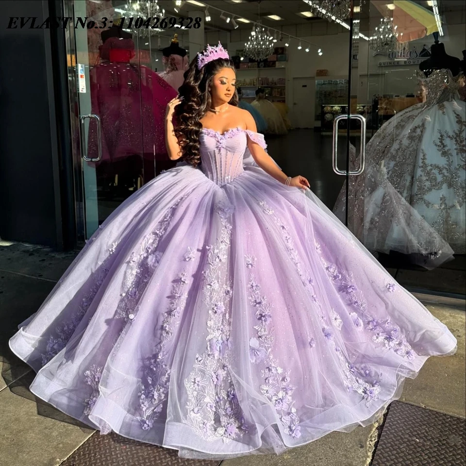 Evlast prispôsobený iskrivý lila Quinceanera šaty loptičky 3D kvetinové aplikácie korálky Korzet Sweet 16 Vestido de 15 Anos E3Q3339