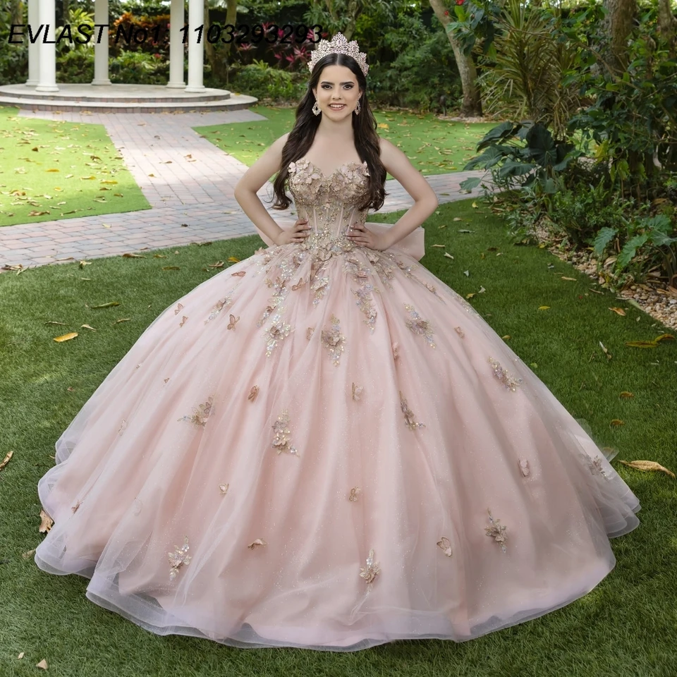 Evlast prispôsobený lesklý ružový quinceanera šaty guľôčkové šaty kvetinové aplikácie korálky korzet luk sladké 16 Vestido de 15 Anos E1Q261