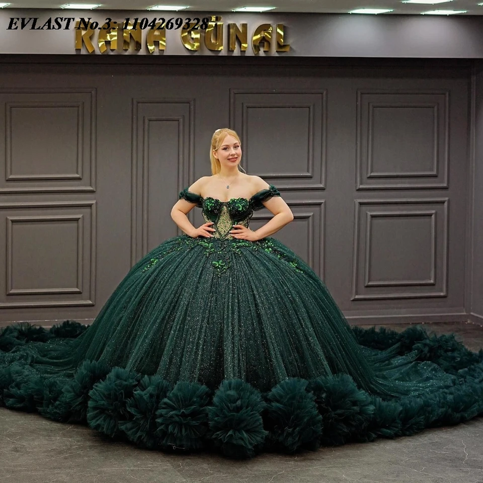 Evlast prispôsobený lesklý tmavo zelený quinceanera šaty guľôčkové šaty Aplikácia korálky Korzet Sweet 16 Vestido de 15 Anos E3Q415