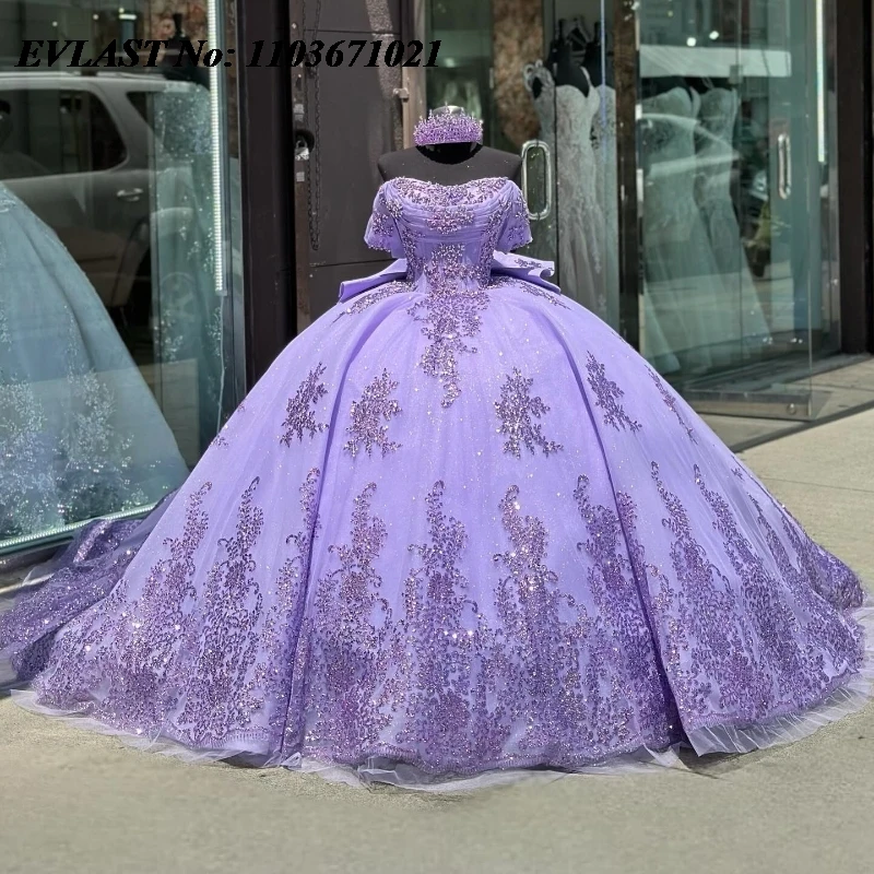Evlast prispôsobený Lilac Quinnceanera šaty guľky Lace Applique Beting Mexický korzet luk sladký 16 Vestidos de 15 Anos Sq619