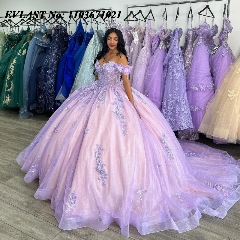 Evlast prispôsobený Lilac Quinnceanera šaty loptové šaty kvetinové aplikácie korálky Mexiko korzet Sweet 16 Vestidos de 15 Anos Sq614