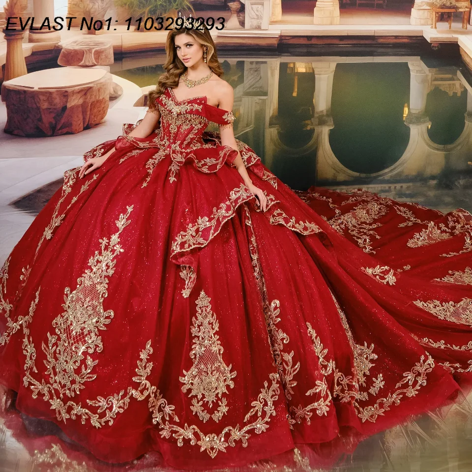 Evlast prispôsobený mexický červený quinceanera šaty loptičky Gold -Lace Aplikácia korálky odstupňované sladké 16 Vestido de 15 Anos E1Q72