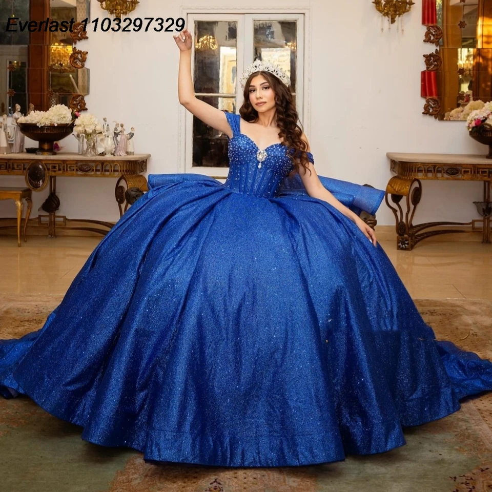 Evlast prispôsobený námornícky modrý quinceanera šaty guľôčkové šaty lesklé aplikované kryštály korálkové luk sladké 16 Vestidos de 15 Anos TQD786