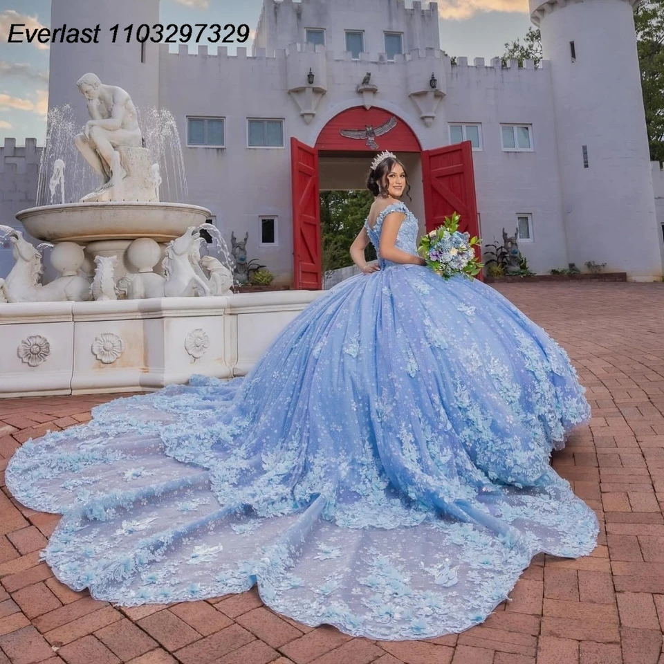 Evlast prispôsobený oblohe modrá kvetinová quinceanera šaty guľôčkové šaty Aplikácia korálky mexický korzet sladký 16 Vestido de 15 Anos QD1161