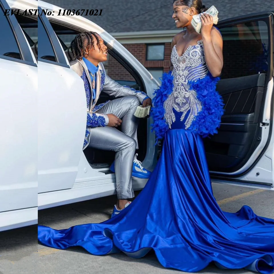 Evlast prispôsobený Royal Blue Feather Mermaid Prom šaty pre čierne dievčatá strieborné diamanty korálkové šaty Vestidos de Fiesta P98