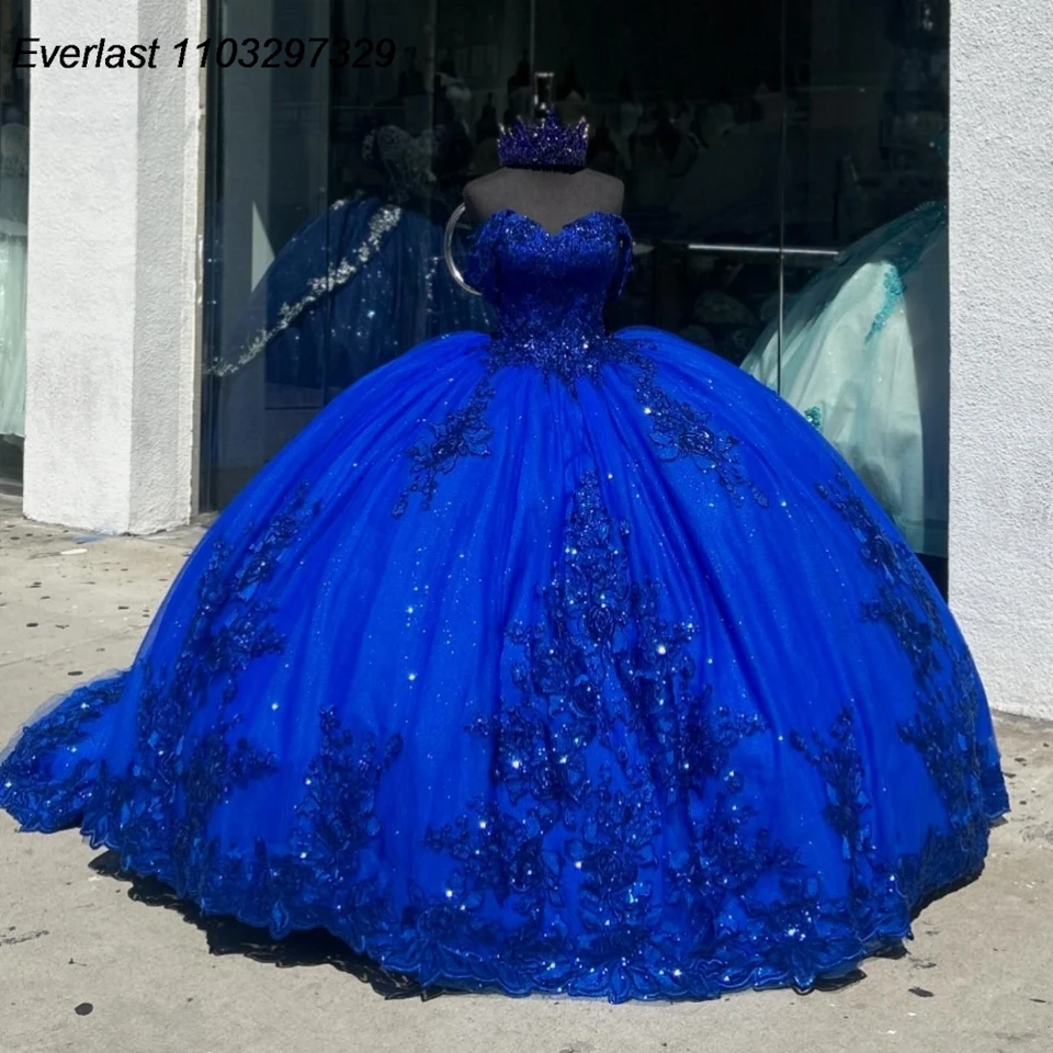 Evlast Prispôsobený Royal Blue Quinceanera Dress Ball Gown Leskiny Fliters Aplikácia korálkový korzet sladký 16 Vestido de 15 Anos QD1050