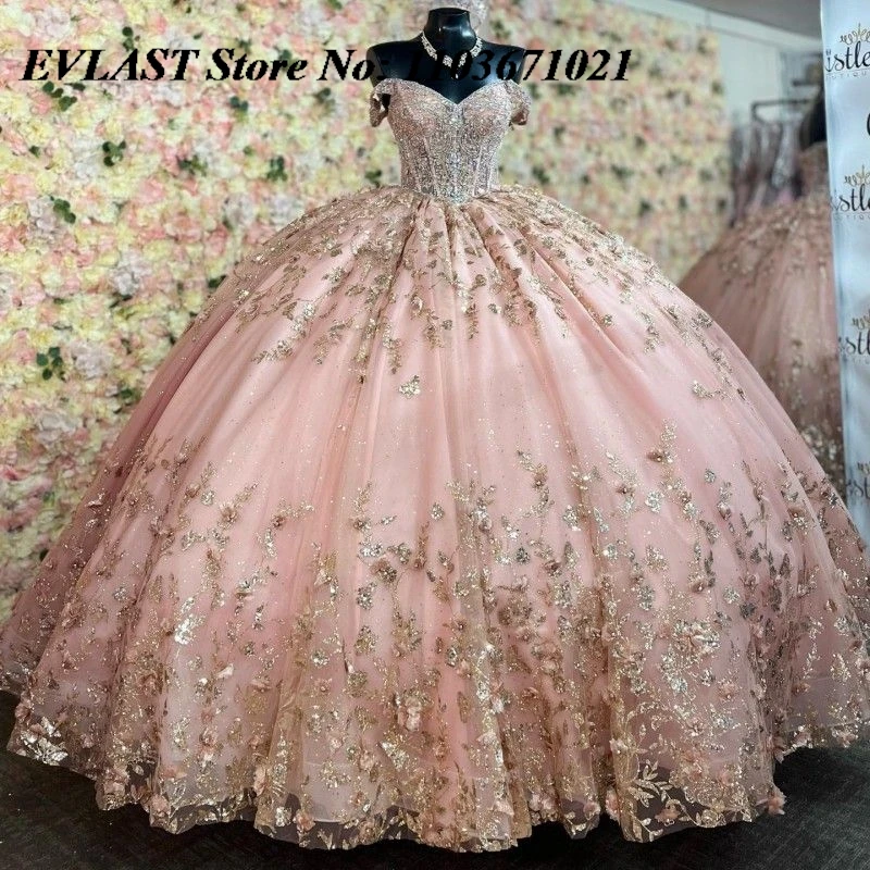 Evlast prispôsobený ružový quinceanera šaty guľôčkové šaty zlatá aplikácia korálky odstupňované korzet Sweet 16 Vestidos de xv 15 Anos Sq10