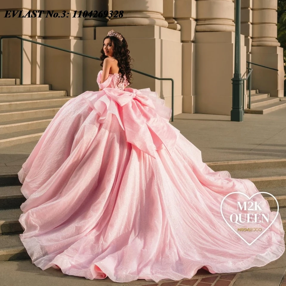 Evlast prispôsobený ružový quinceanera šaty loptičky s lesklým aplikáciou korálky guľky Mexiko korzet sladký 16 Vestidos de 15 Anos E3Q11