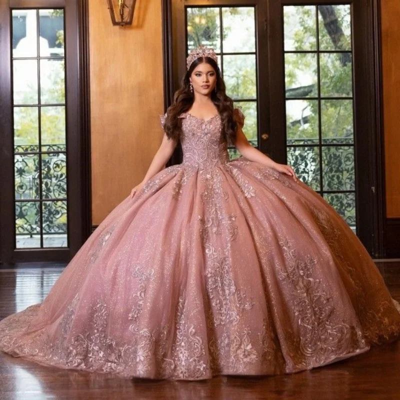 Evlast Prispôsobený ružový ružový quinceanera šaty guľôčkové šaty strieborné čipky Aplikácia korálky korzet sladký 16 Vestidos de xv 15 Anos Sq11