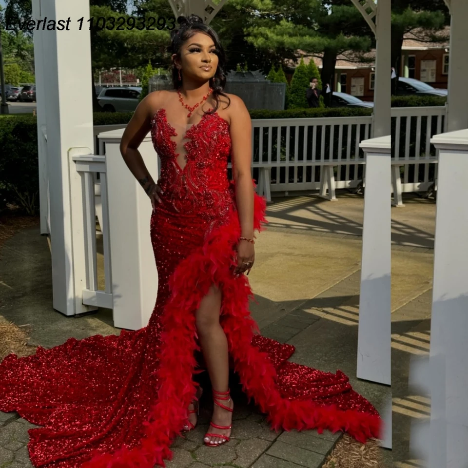 Evlast prispôsobený sexy čierne dievčatá flitre červené plesové šaty perie Crystal korálky s vysokou štrbinou africkú párty aso ebi šaty tpd178