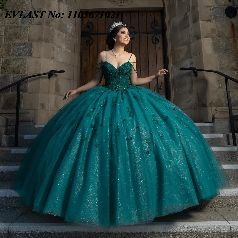 Evlast prispôsobený tmavo zelený quinceanera šaty loptičky lesklé čipky korálkové korzet sladké 16 županov Vestidos de Anos Sq385