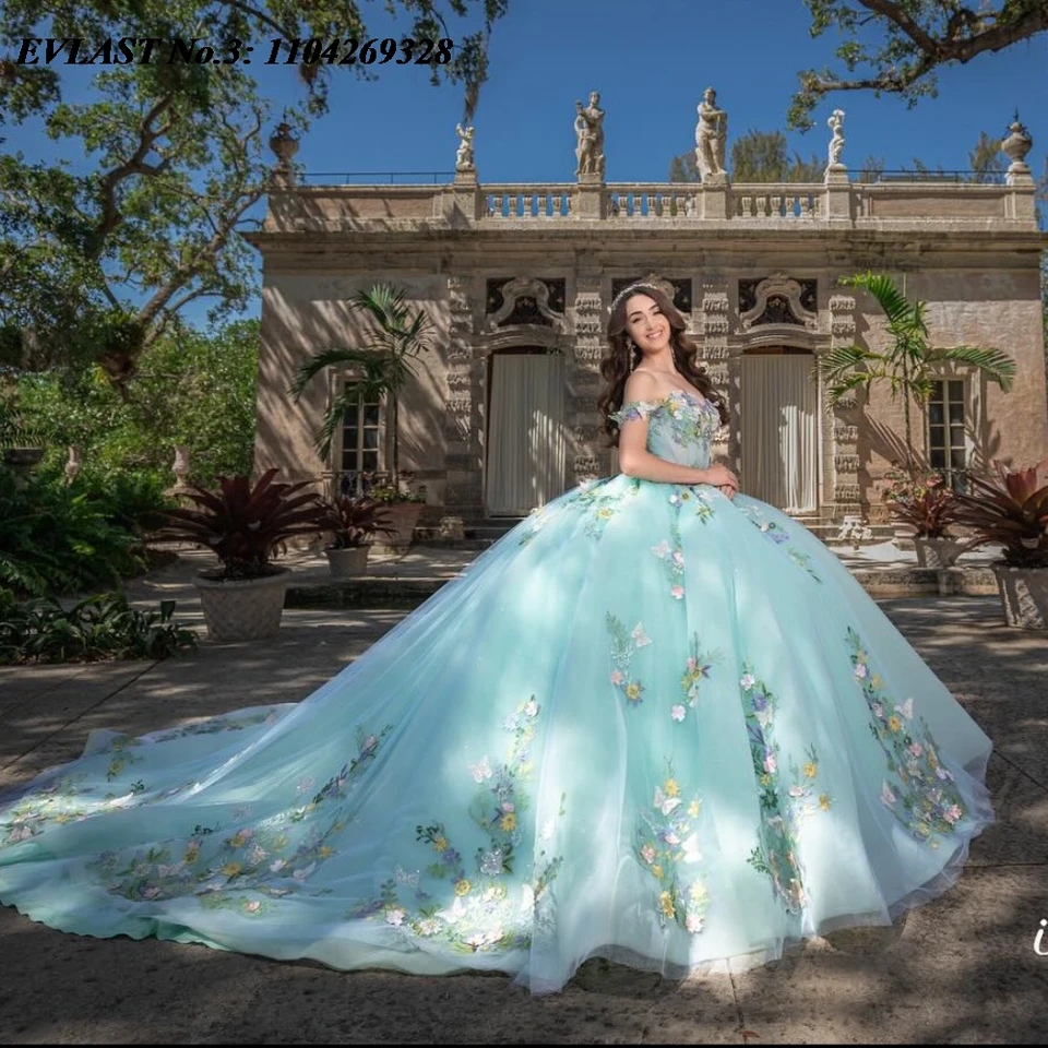 Evlast prispôsobený trblietavý šalvia quinceanera šaty guľôčkové šaty kvetinové aplikovanie korálkový korzet sladký 16 Vestido de 15 Anos E3Q279