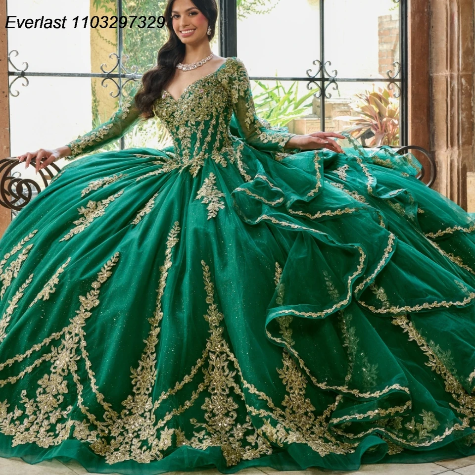 Evlast prispôsobený zelený quinceanera šaty guľôčkové šaty zlaté čipky Aplikácia korálkový rukáv Sweet 16 Vestido de 15 TQD437