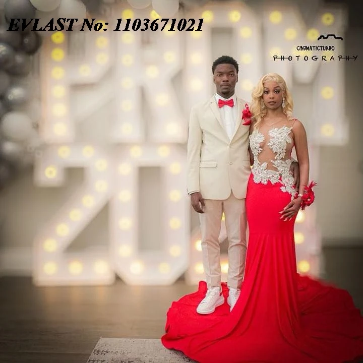 Evlast prispôsobený červený šifón Mermaid Prom Dress Black Girls Silver Diamonds Korálkové formálne večierky Vestidos de Fiesta P101
