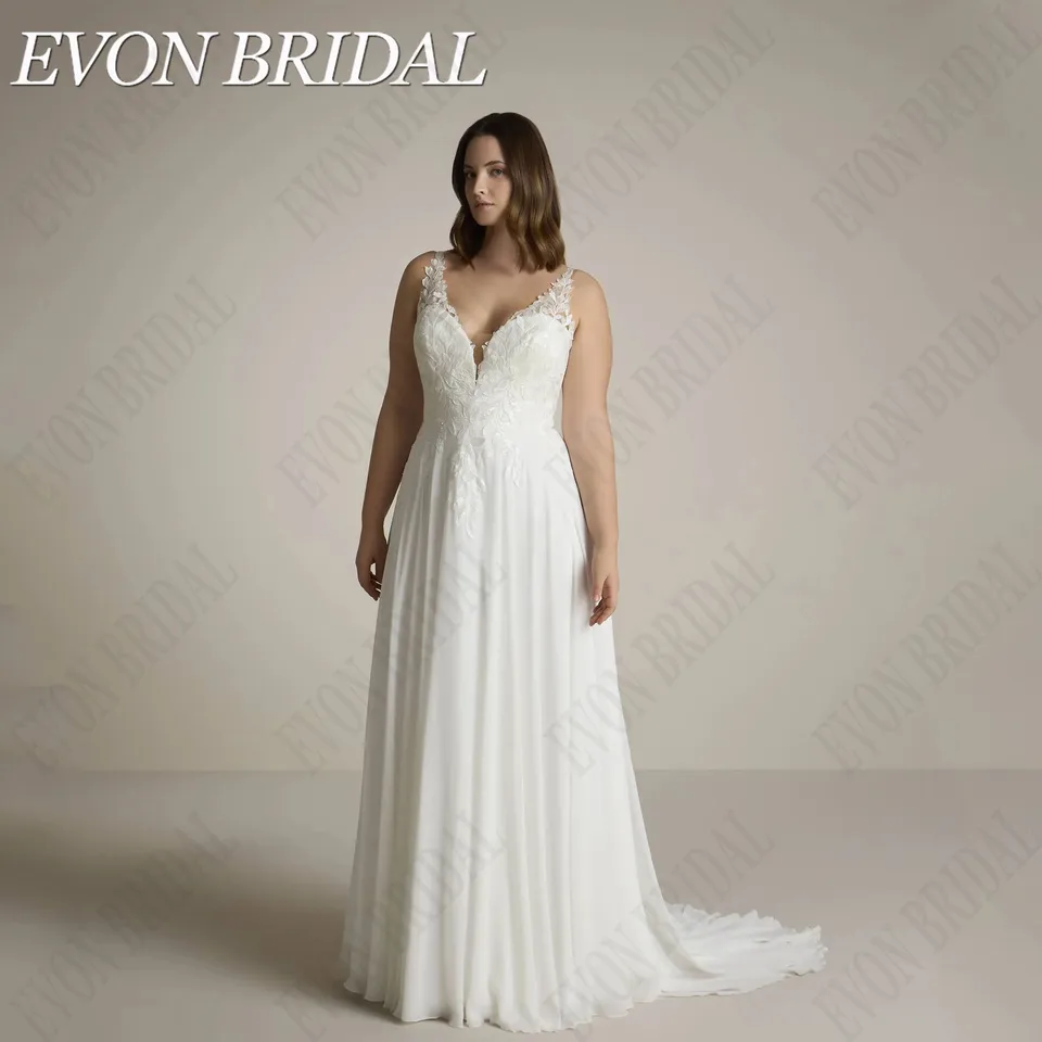 Evon Bridal plus veľkosti šifónové svadobné šaty v krk s krátkymi rukávmi nevesty Ženy klasické Vestidos novias boda čipky