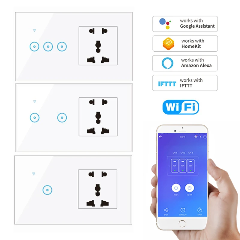 Ewelink 2 IN1 WiFi Smart Switch 1/2/3-Gang Wall Touch Panel Light Switch s Universal Socket Eu UK US AUPLUG Alexa Google Home