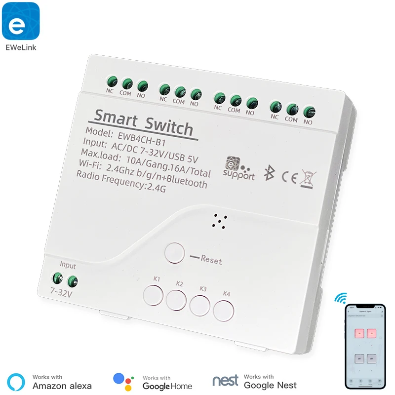 Ewelink 4 Channel Smart WiFi Bluetooth Wireless Dry Contact Relay Switch Modul, diaľkové ovládanie aplikácií, pracuje s Alexa Google Home