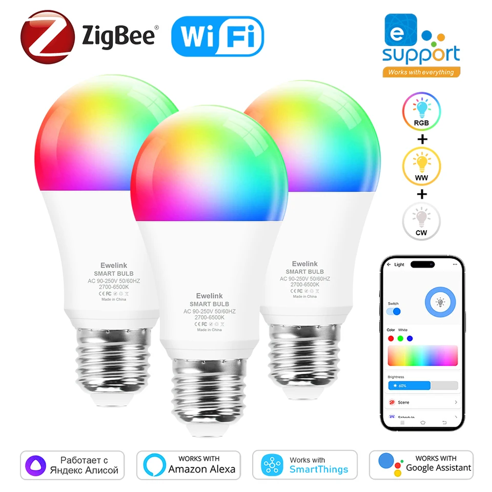 EWELINK E26 E27 ZIGBEE LED žiarovky WiFi SMART LED lampa RGB+CW+WW 15W 18W LED žiarovka FURB Funguje s Alexa Google Smartthings Yandex