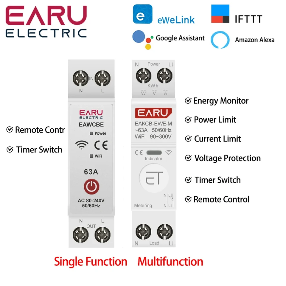 Ewelink WiFi inteligentný istič mcb 1p 63a časovač energia energie KWH napätie prúdový glumet chránič hlasového diaľkového ovládania prepínača