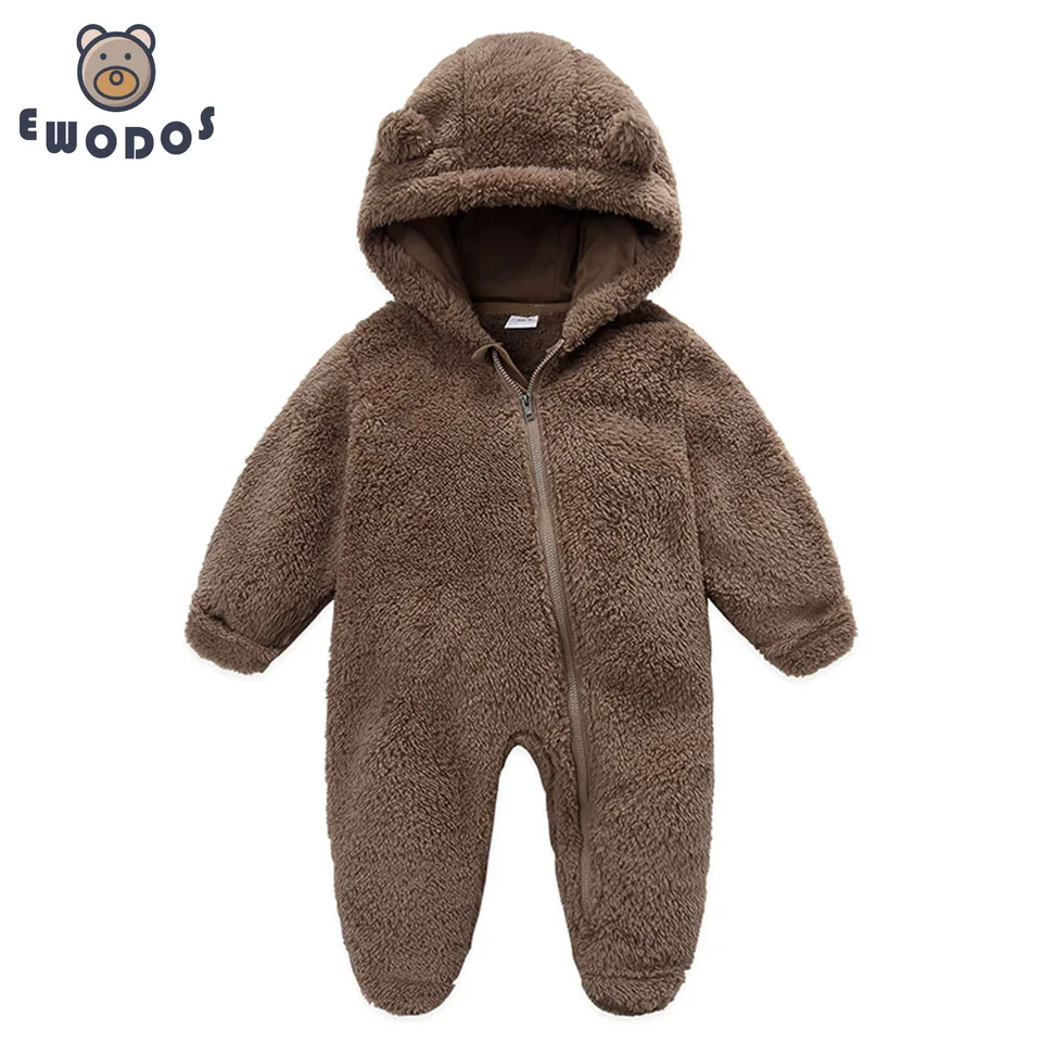 Ewodos 0-12M Novorodenecká detská detská kombinéza Fleece Rompers s dlhým rukávom s kapucňou s kapucňou Uzavretie Zimné šikmé oblečenie pre chlapcov
